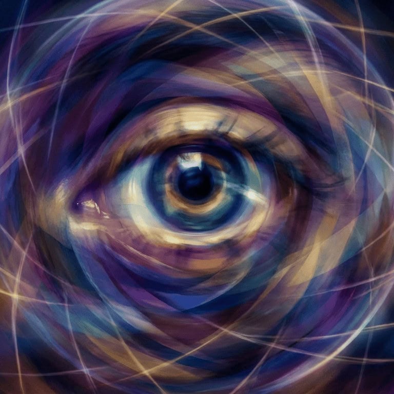 A digitally rendered human eye surrounded by swirling, abstract streaks of blue, purple, and gold light.