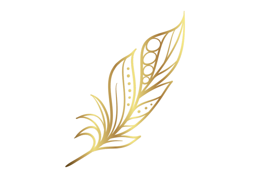 Gold, stylized feather illustration with decorative lines and dots, set against a plain white background.