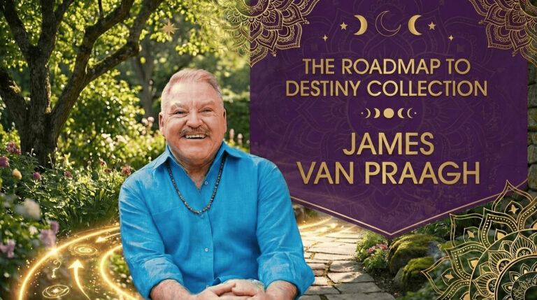 A smiling man in a blue shirt sits in a garden next to a decorative sign that reads "The Roadmap to Destiny Collection, James Van Praagh.
