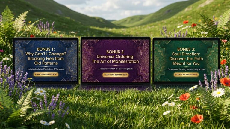Three laptops sit on grass in a flower-filled valley, each displaying a bonus offer: breaking old patterns, manifestation art, and soul direction, with buttons to claim the bonuses.