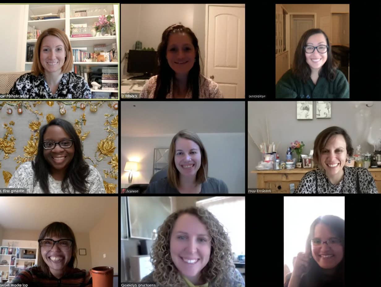 A group of nine women are smiling during a video conference call, each shown in their own frame with various home backgrounds.