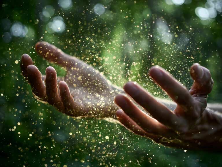 Two open hands are extended outdoors with sunlight illuminating floating particles or dust, set against a blurred green background.