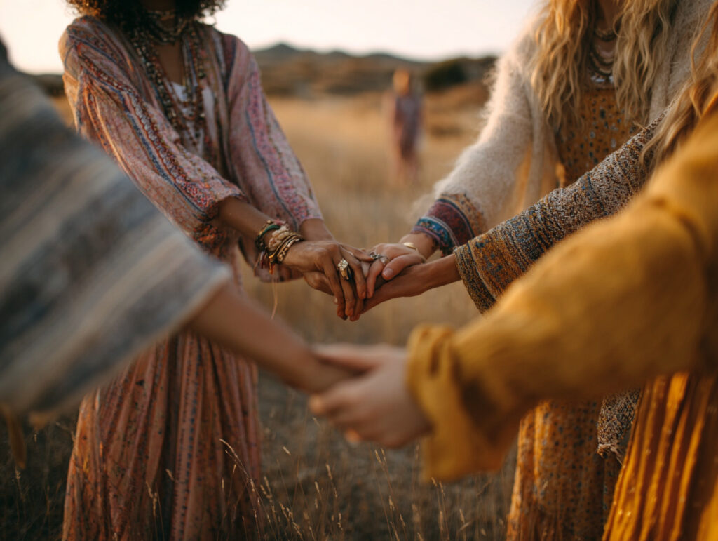 Four people standing in a field clasp each other's hands in a circle, wearing patterned, bohemian-style clothing; another person stands in the background.