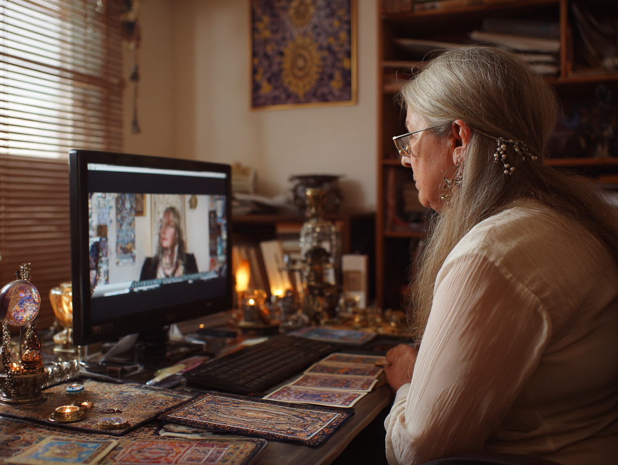 A person with long gray hair sits at a desk with tarot cards and ornaments, participating in a video call with another person displayed on the computer monitor.