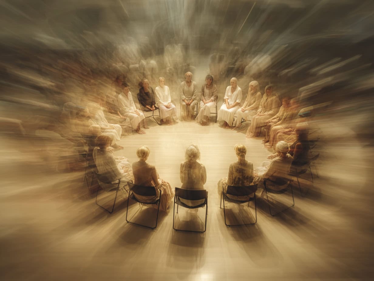 A group of people in white clothing sit in a circle on chairs, with a blurred, radiant effect surrounding them, creating a sense of motion and focus on the center.