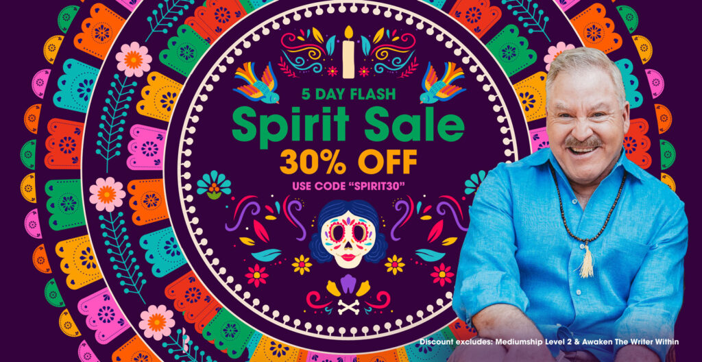 Promotional graphic for a 5-day Spirit Sale offering 30% off with code "SPIRIT30," featuring colorful designs and a smiling man in a blue shirt.