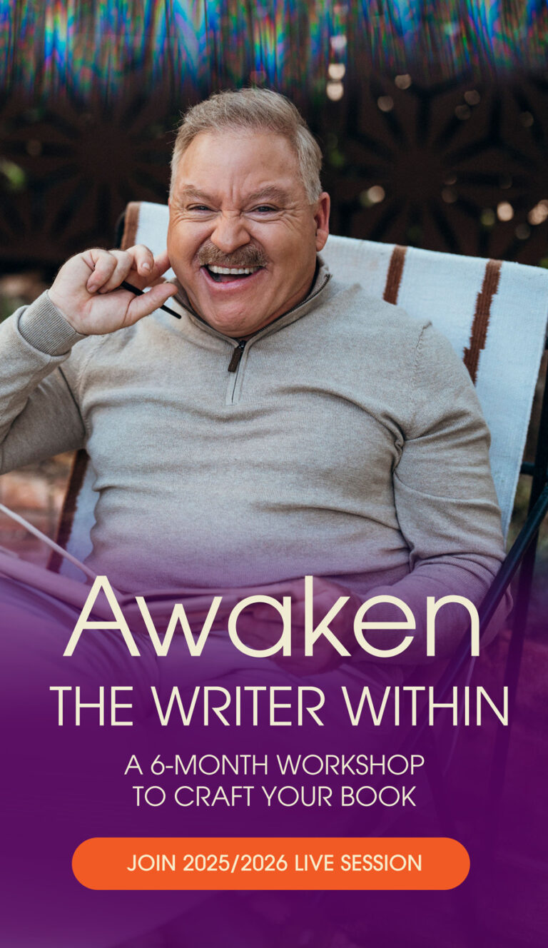 James sits on a chair outdoors, holding eyeglasses. Text reads: "Awaken the Writer Within—A 6-month workshop to craft your book. Join 2025/2026 live session.