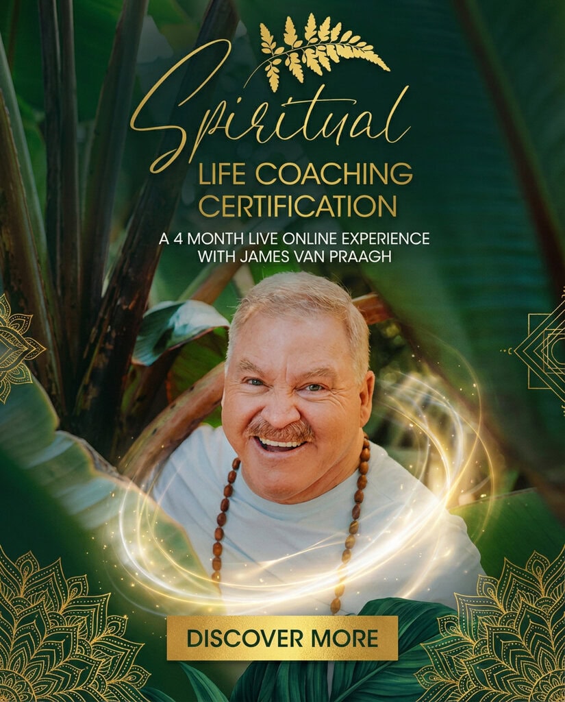 A man with a beaded necklace smiles in front of green plants, promoting a spiritual life coaching certification with James Van Praagh. Text overlay invites viewers to discover more.
