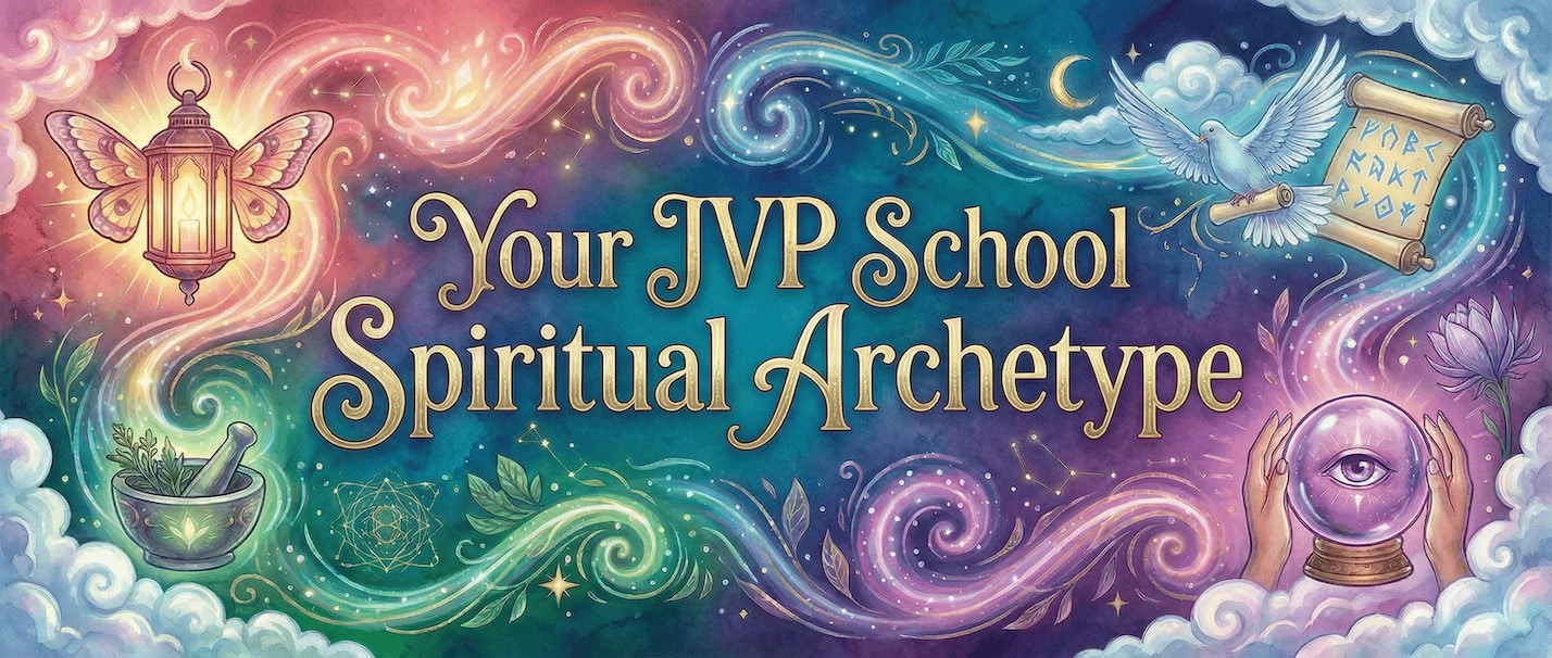 Colorful fantasy illustration with a lantern, butterfly, dove, scroll, crystal ball, and mystical symbols surrounding the text "Your JVP School Spiritual Archetype.