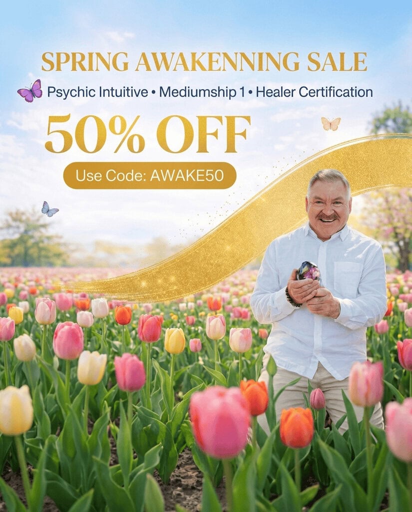 James stands in a colorful tulip field holding crystals. Text promotes a "Spring Awakening Sale" with 50% off on psychic, mediumship, and healer certification using code AWAKE50.