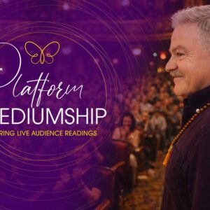 A man stands on stage facing an audience; text reads "Platform Mediumship: Mastering Live Audience Readings" with a butterfly graphic on a purple background.