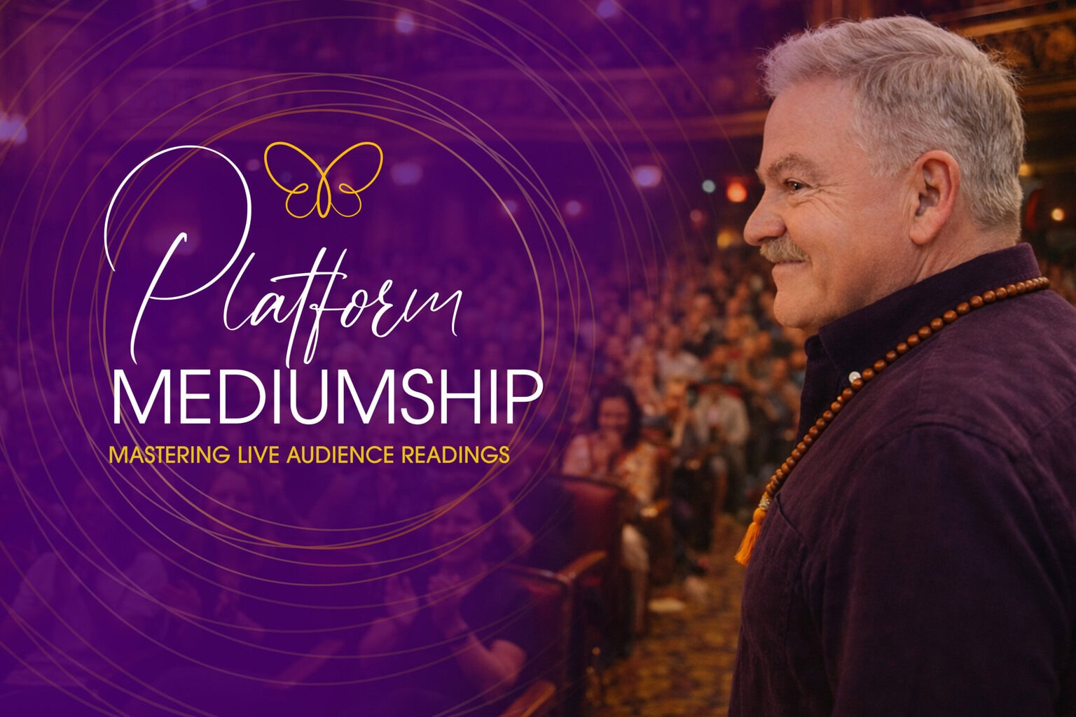 A man stands on stage facing an audience; text reads "Platform Mediumship: Mastering Live Audience Readings" with a butterfly graphic on a purple background.