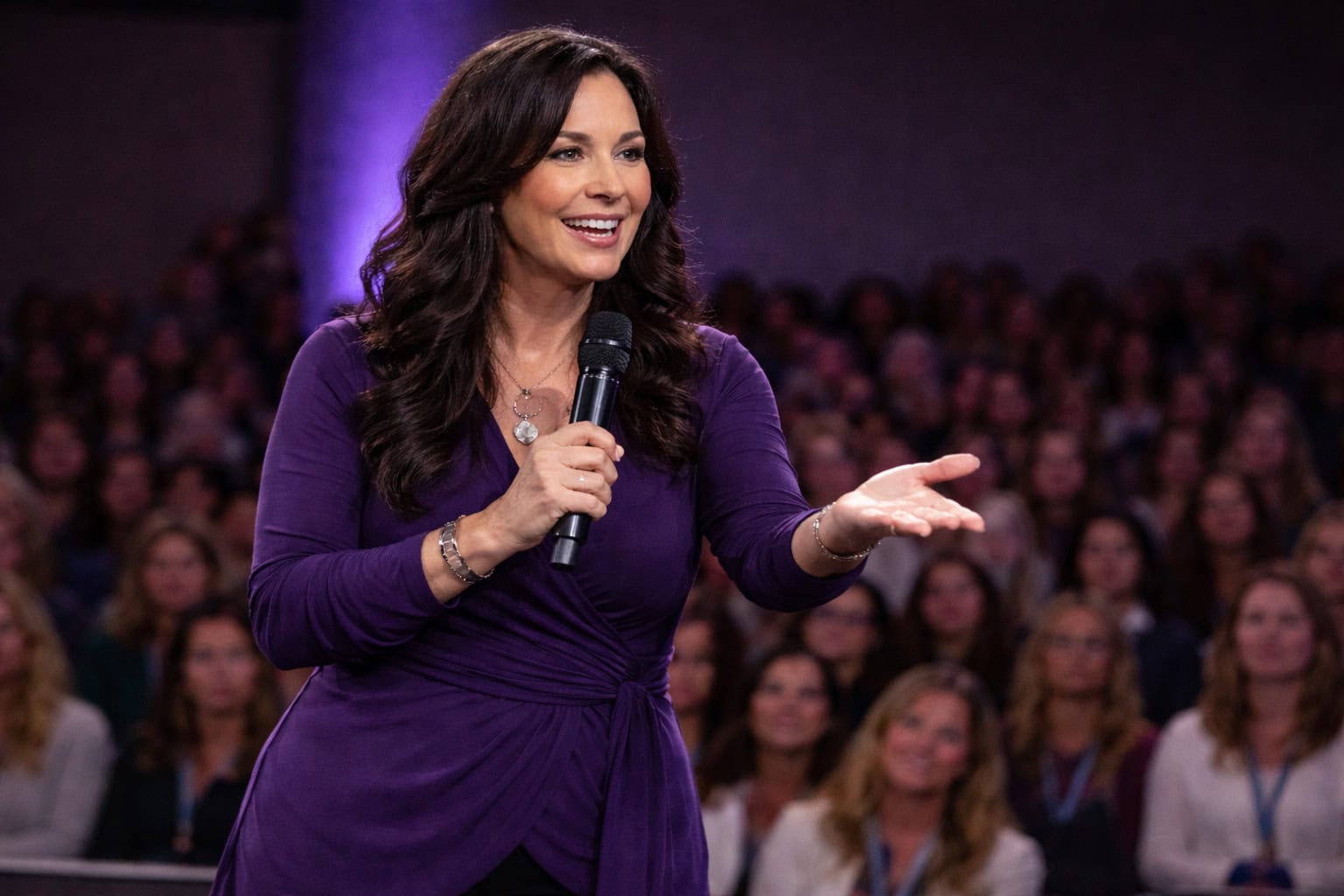 A woman in a purple top speaks into a microphone, gesturing with her hand, in front of a seated audience.