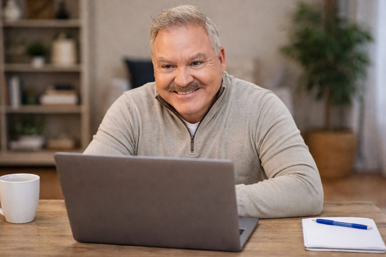 Middle-aged man with gray hair smiles while sitting at a table using a laptop, with a notebook, pen, and coffee mug beside him in a home setting.