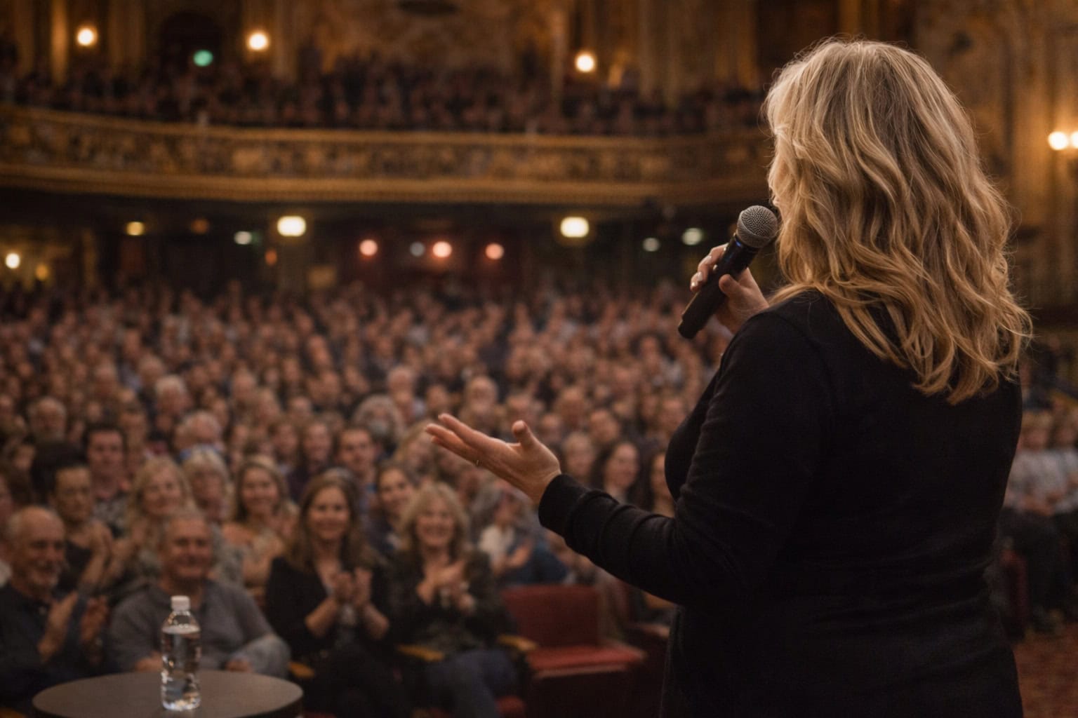 A person holding a microphone speaks to a large, seated audience in a theater; the crowd is focused and applauding.