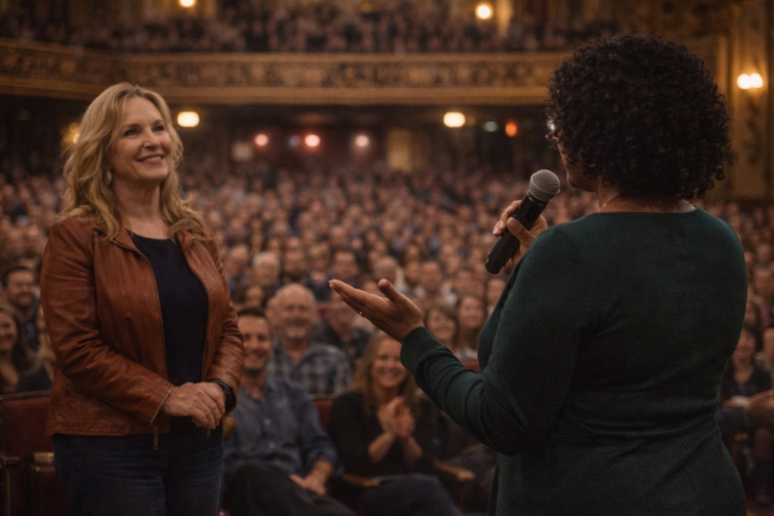 A woman holding a microphone speaks to another woman standing in front of an applauding audience in a large theater.
