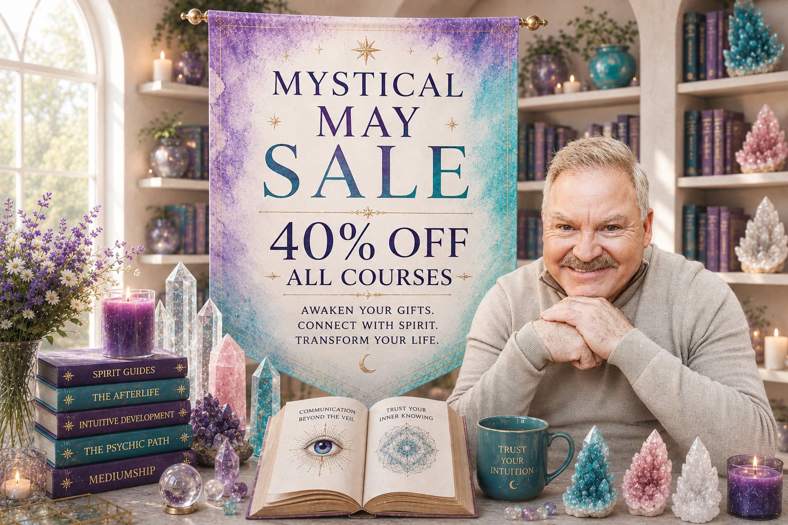 A man sits at a table with crystals, books, and an open journal. A banner behind him reads "Mystical May Sale 40% Off All Courses" with additional mystical decor in the background.