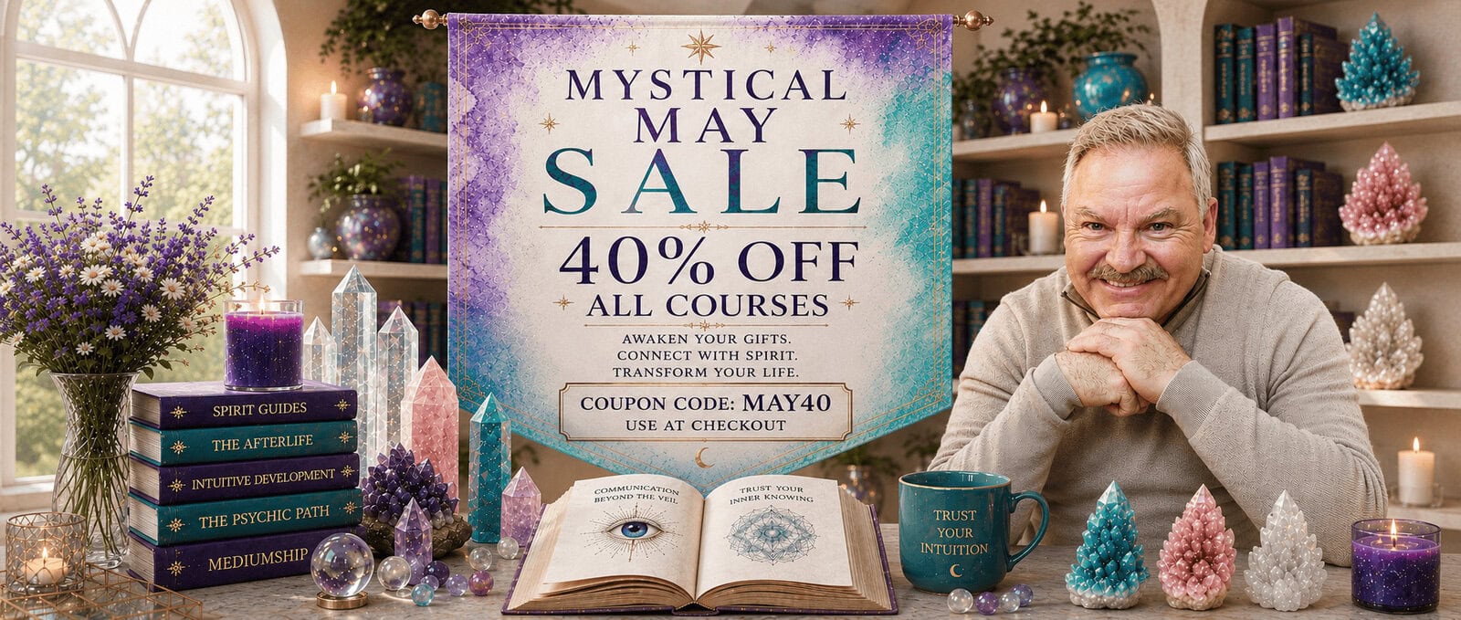 A man sits at a table with crystals, candles, and books. A banner behind him reads: "Mystical May Sale, 40% off all courses, coupon code MAY40.