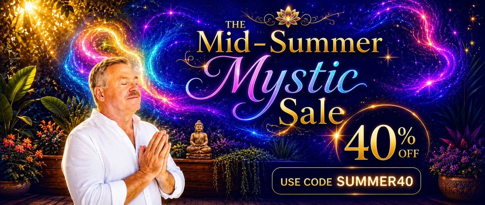 A man stands with hands in prayer position in a lush garden. Text reads: "The Mid-Summer Mystic Sale, 40% off. Use code SUMMER40." Colorful, swirling lights fill the background.