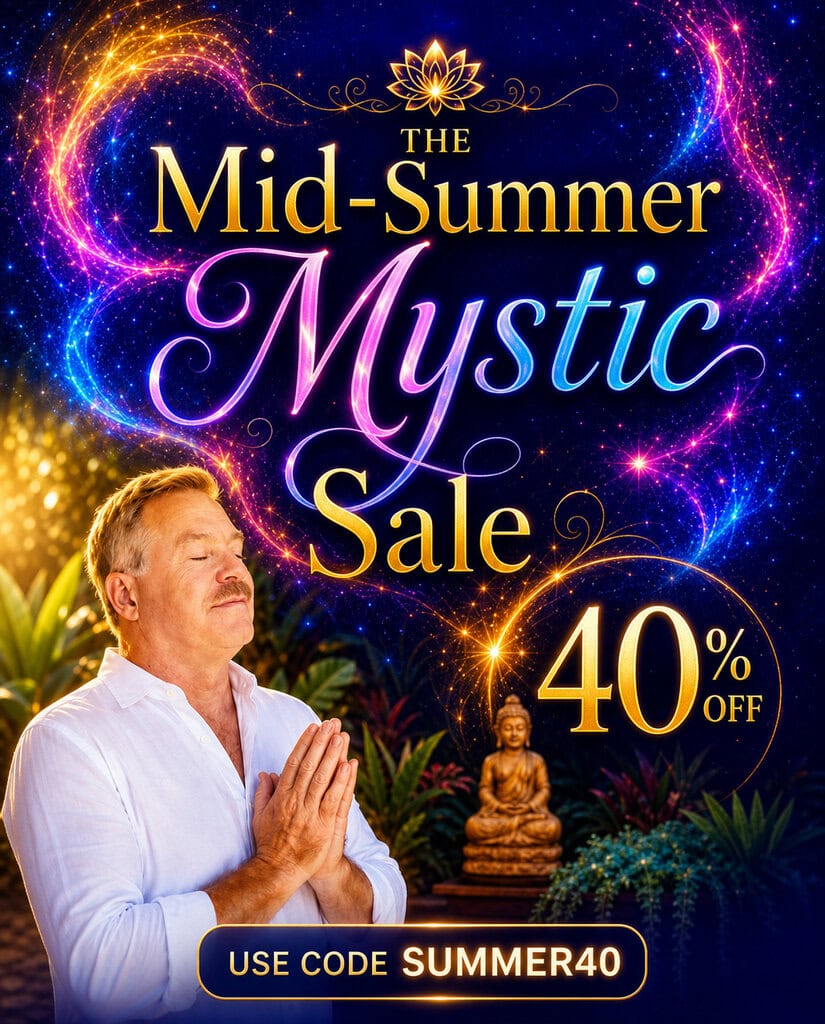 A man with closed eyes and clasped hands stands by a Buddha statue in a garden. Text reads "The Mid-Summer Mystic Sale 40% Off. Use code SUMMER40.