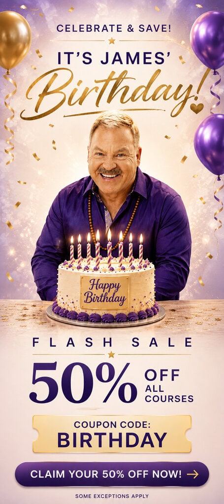 A man smiles behind a lit birthday cake with “Happy Birthday” text. Banner promotes a 50% off flash sale on all courses using coupon code “BIRTHDAY.” Balloons and confetti decorate the scene.