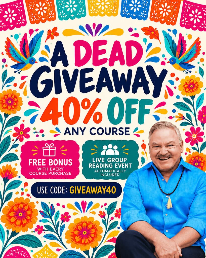 Promotional flyer for a 40% off course sale, featuring a man smiling and the code GIVEAWAY40. Includes text for a free bonus and a live group reading event.