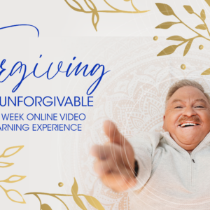 Smiling man with thumbs up on a decorative background next to text promoting a three-week online video learning experience called "Forgiving the Unforgivable.