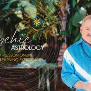 A man in a blue shirt stands outdoors with trees in the background; text reads “Psychic Astrology: A 4-Lesson Online Video Learning Experience” with a sun and moon graphic.