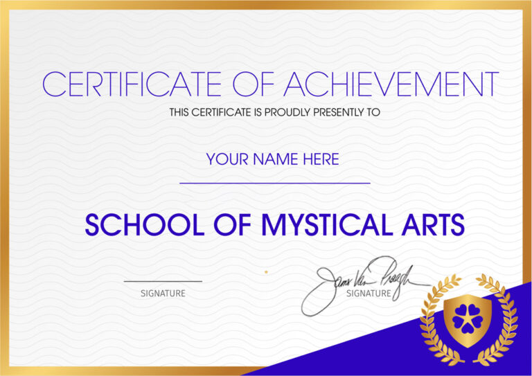 Certificate of Achievement template from the School of Mystical Arts, with space for recipient's name, signature, and a gold and blue border design.